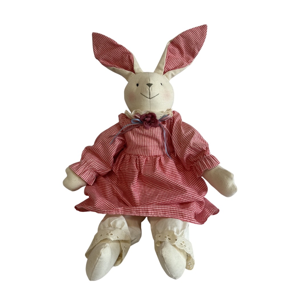 Vintage Russ Berrie Canvas Bunny Rabbit Plush Red Gingham Dress 7095 24 Inch